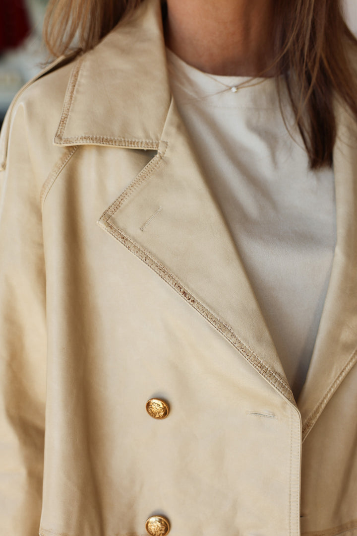 Oversized Faux Leather Jacket - Beige