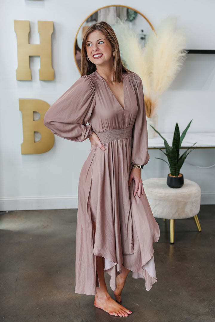 Long Sleeve Satin Maxi Dress - Dusty Orchid