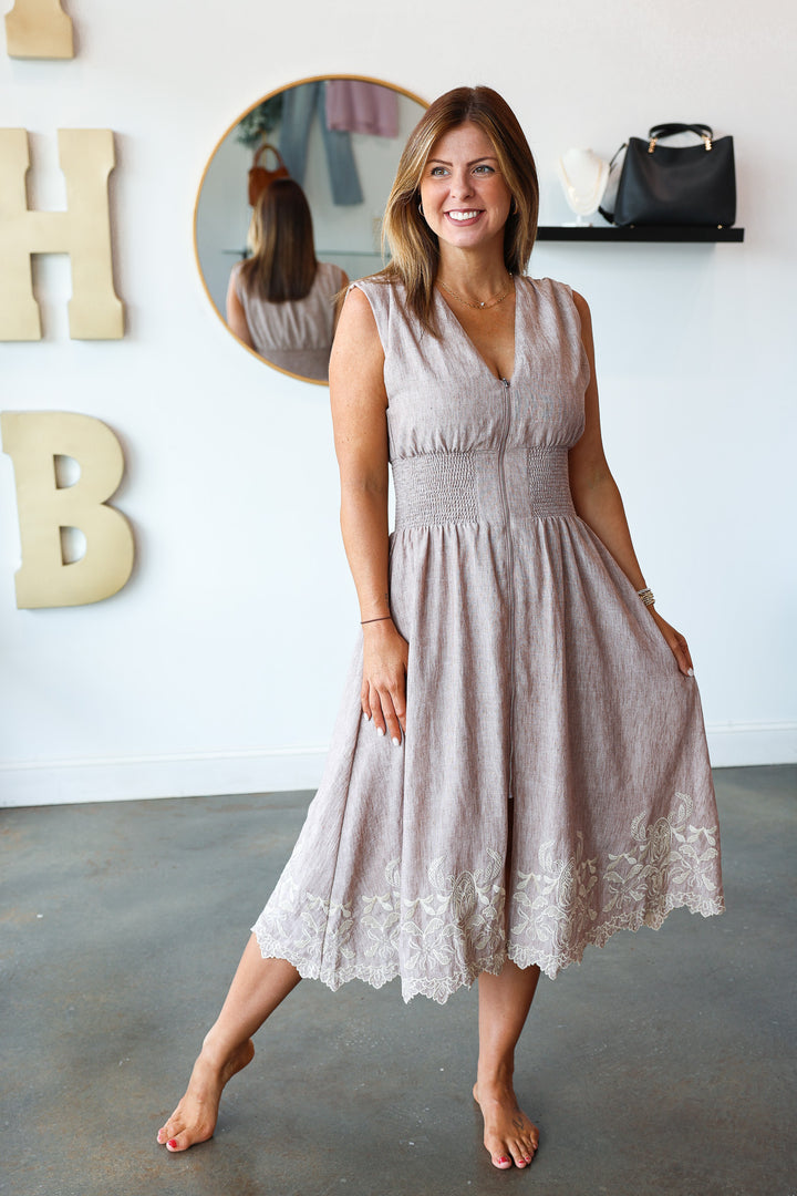 Embroidered Hem Front Zip Dress - Brown