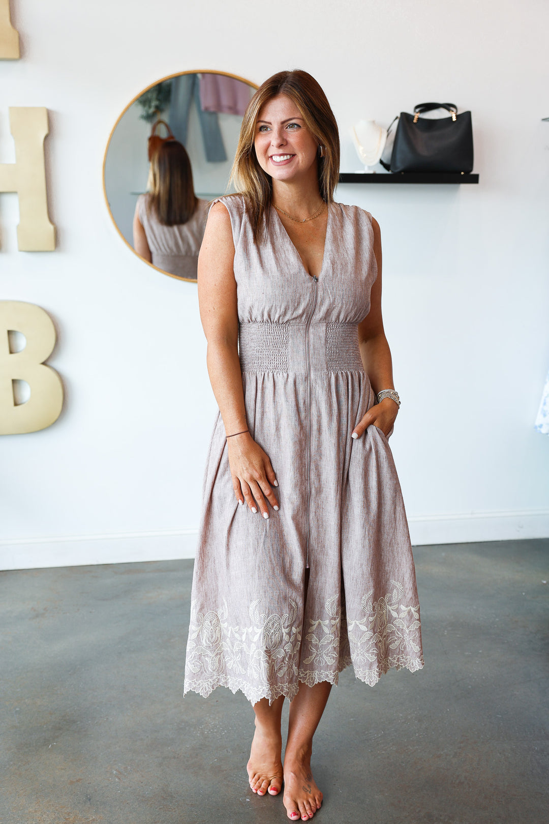 Embroidered Hem Front Zip Dress - Brown