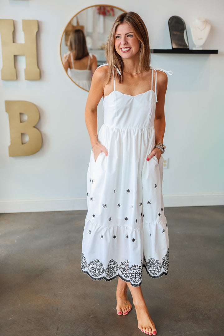 Tie Shoulder Embroidered Dress - White