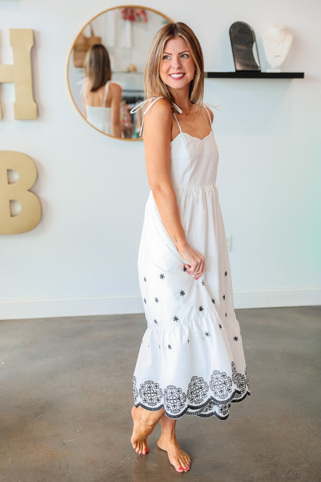 Tie Shoulder Embroidered Dress - White