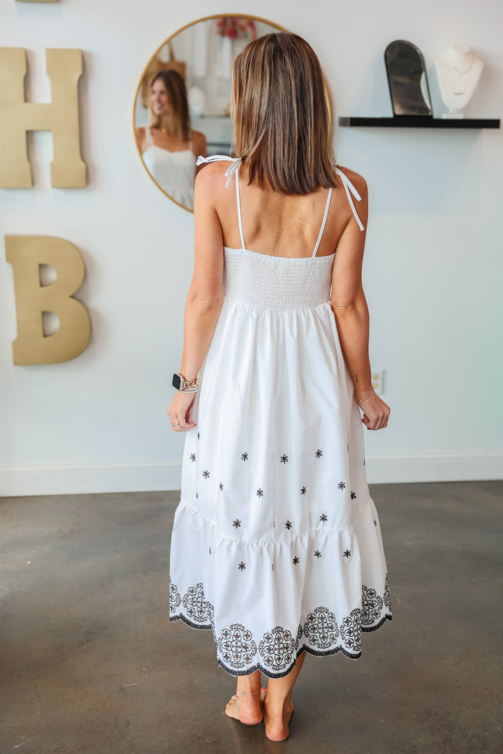 Tie Shoulder Embroidered Dress - White