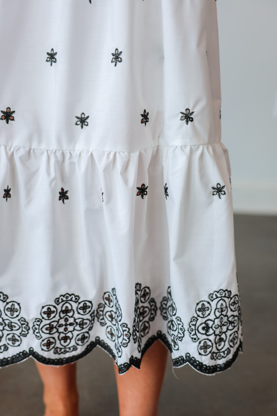 Tie Shoulder Embroidered Dress - White