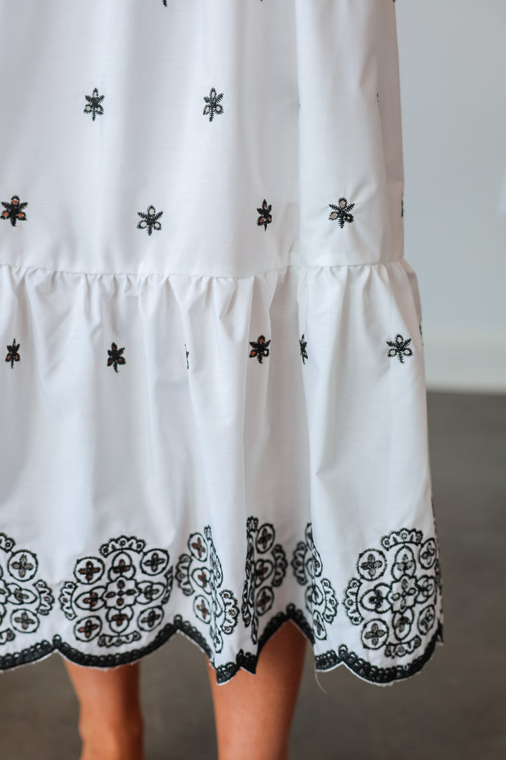 Tie Shoulder Embroidered Dress - White