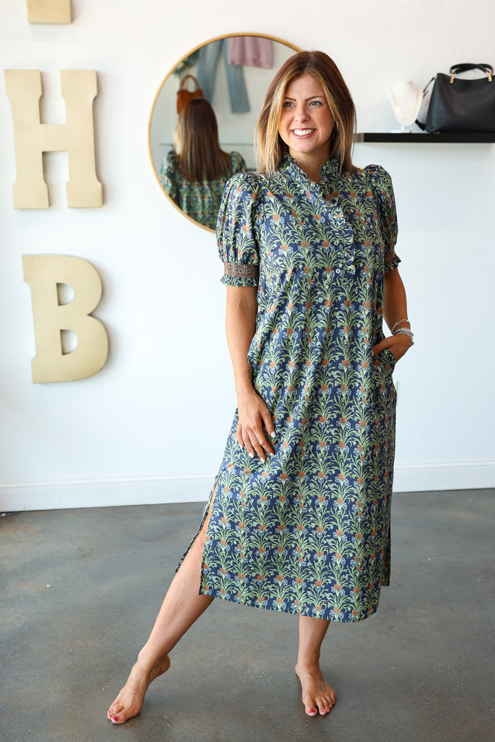 Ruffle Neck Printed Dress - Navy