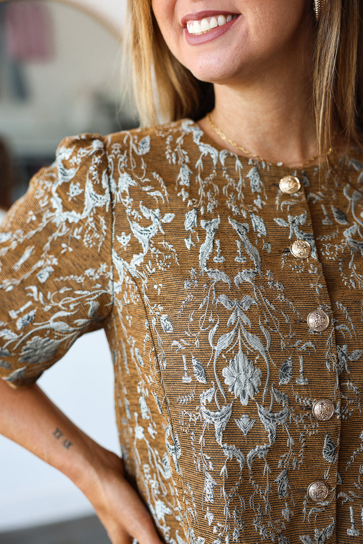 Button Front Jacquard Top - Brown