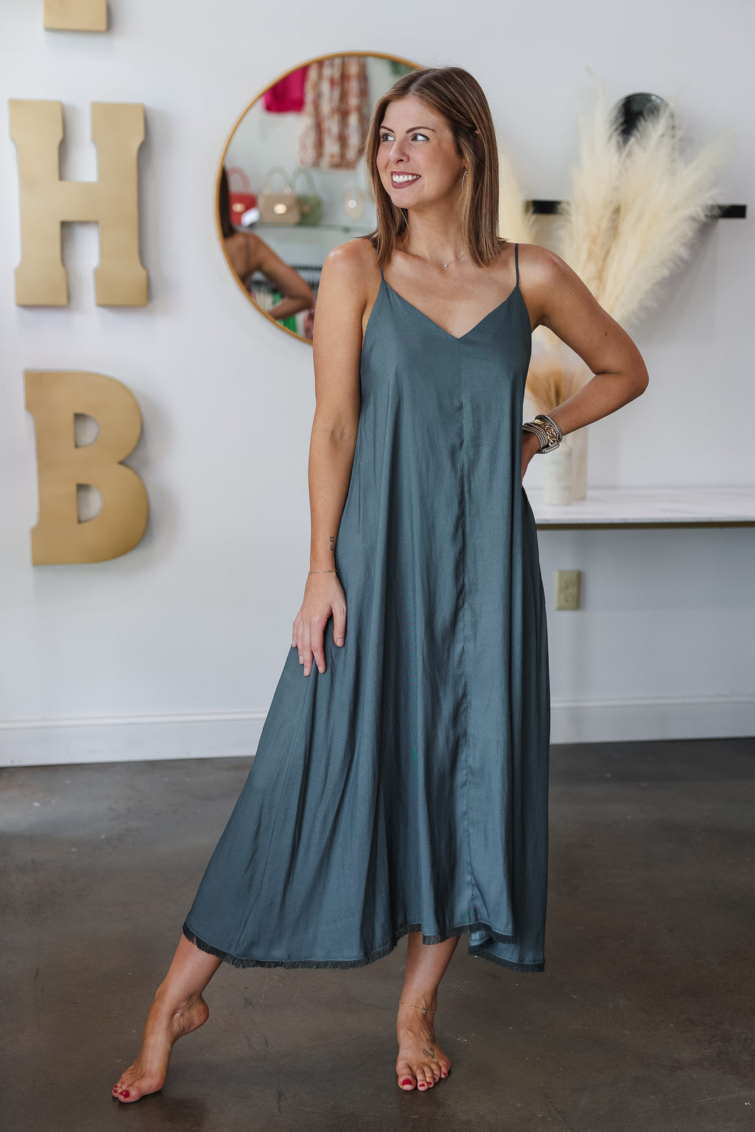 Satin Midi Dress - Dark Teal