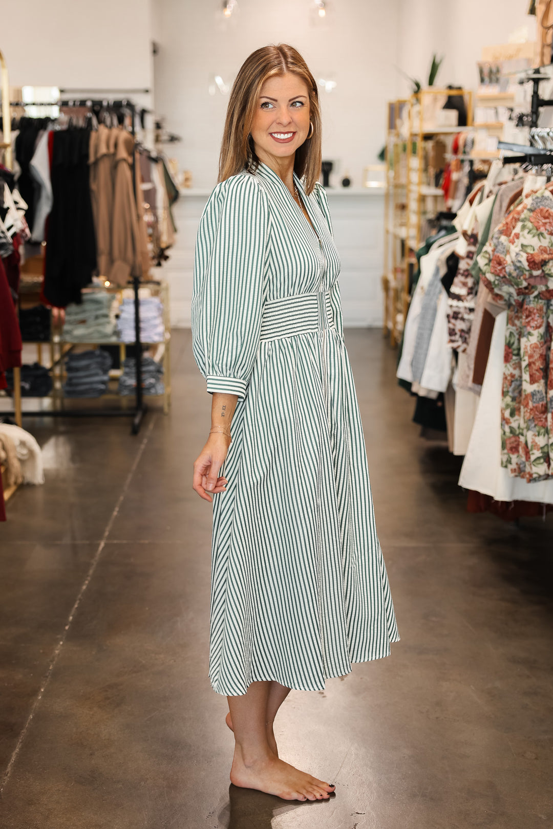 Striped Smocked Waist Dress - Green