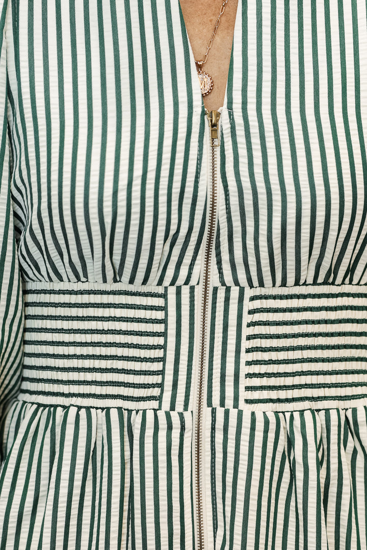 Striped Smocked Waist Dress - Green