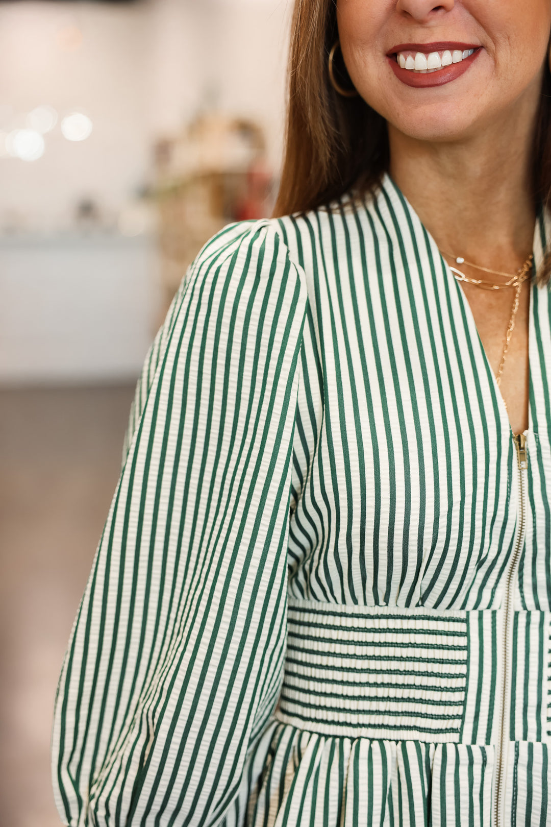 Striped Smocked Waist Dress - Green