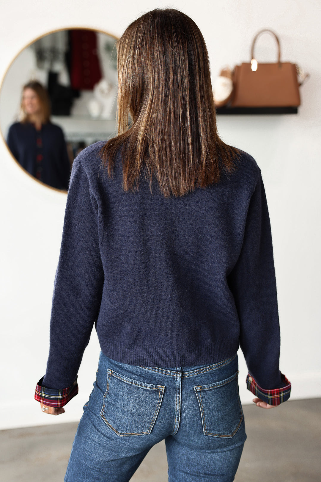 Plaid Trim Sweater - Navy
