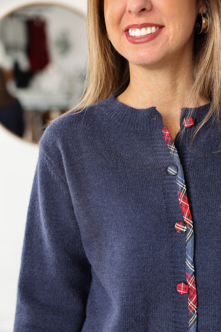 Plaid Trim Sweater - Navy