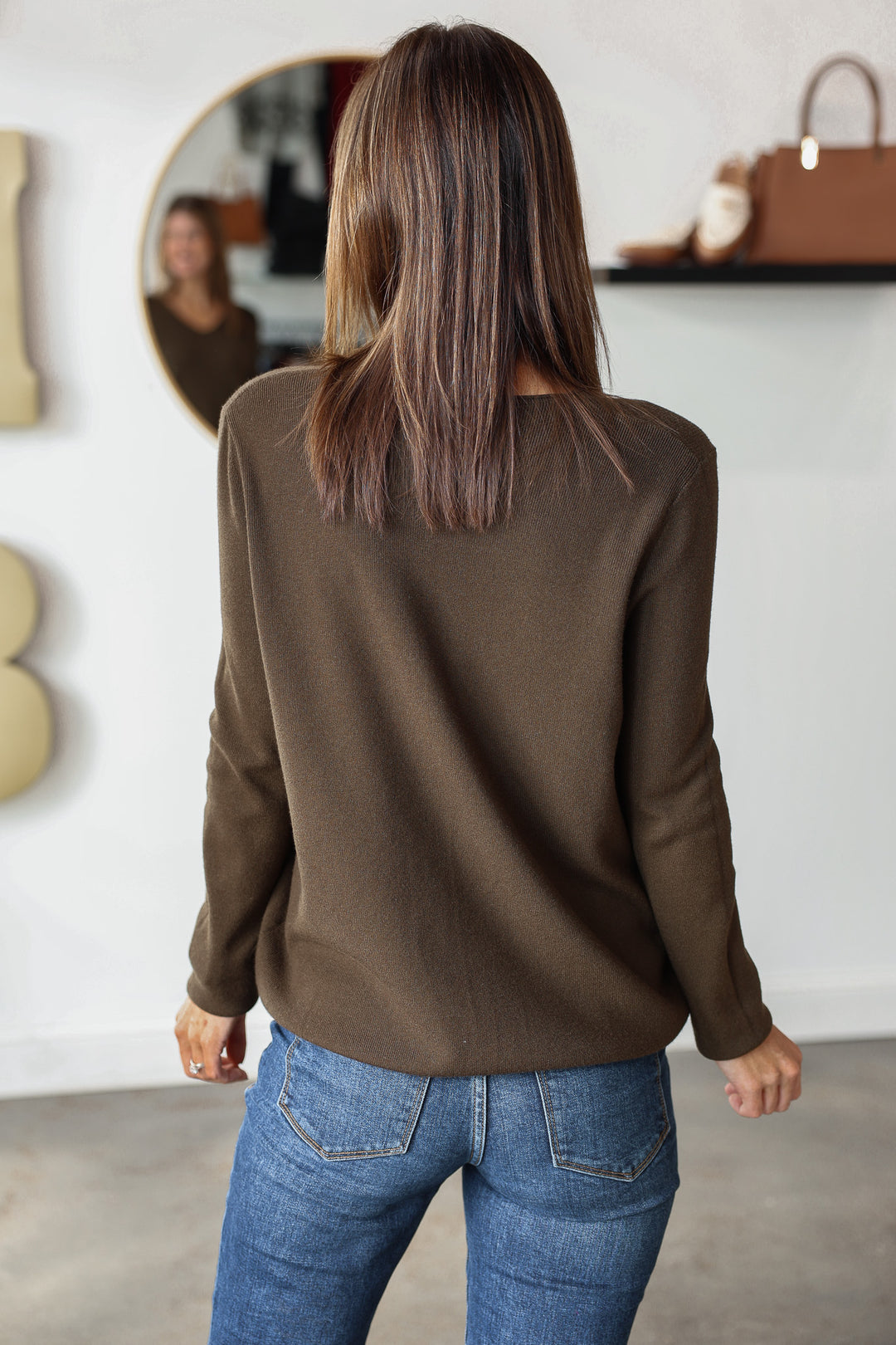 V Neck Long Sleeve Sweater - Brown