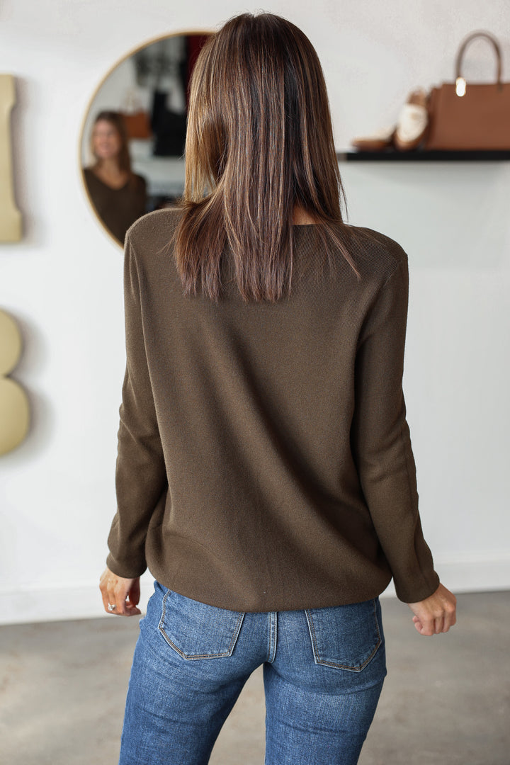V Neck Long Sleeve Sweater - Brown