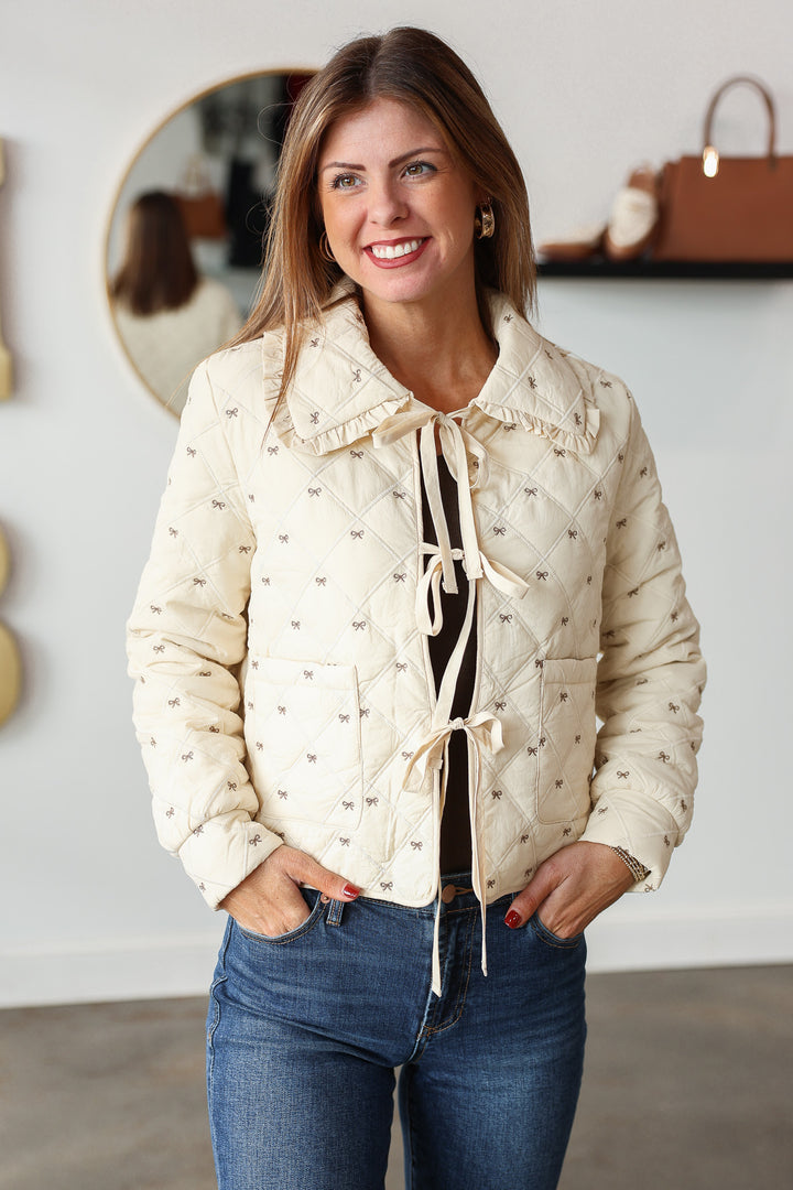 Bow Embroidered Quilted Jacket - Cream