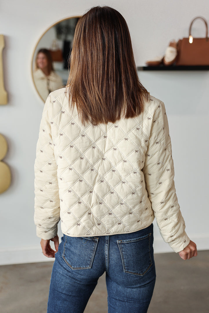 Bow Embroidered Quilted Jacket - Cream