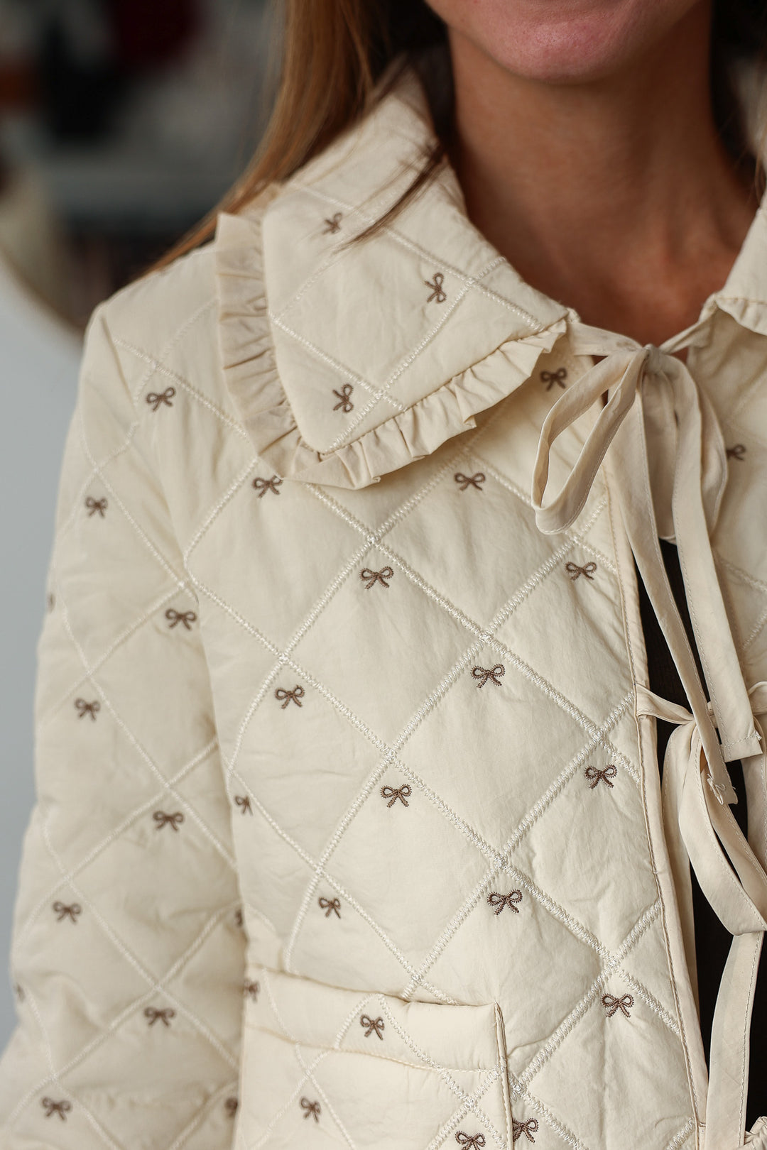 Bow Embroidered Quilted Jacket - Cream