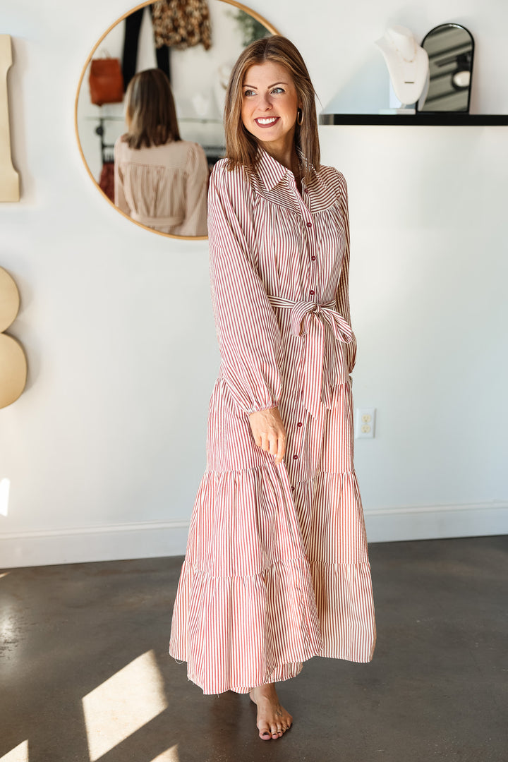 Long Sleeve Striped Maxi Dress - Cinnamon