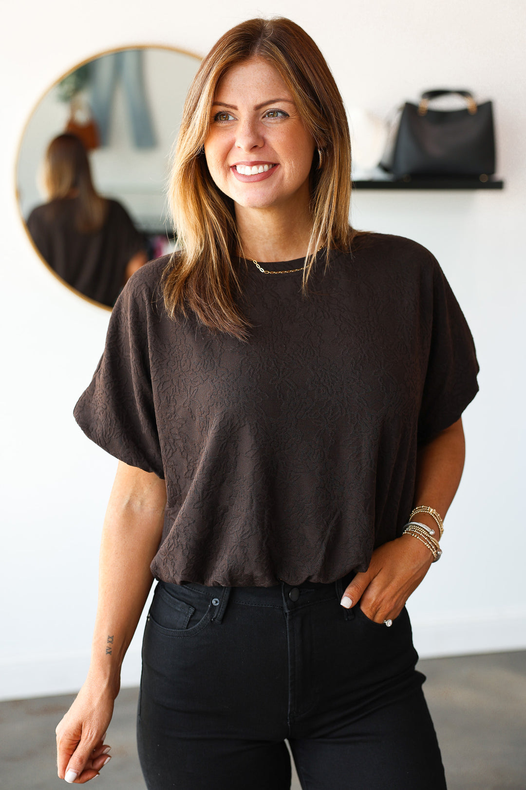 Bubble Hem Textured Top - Brown