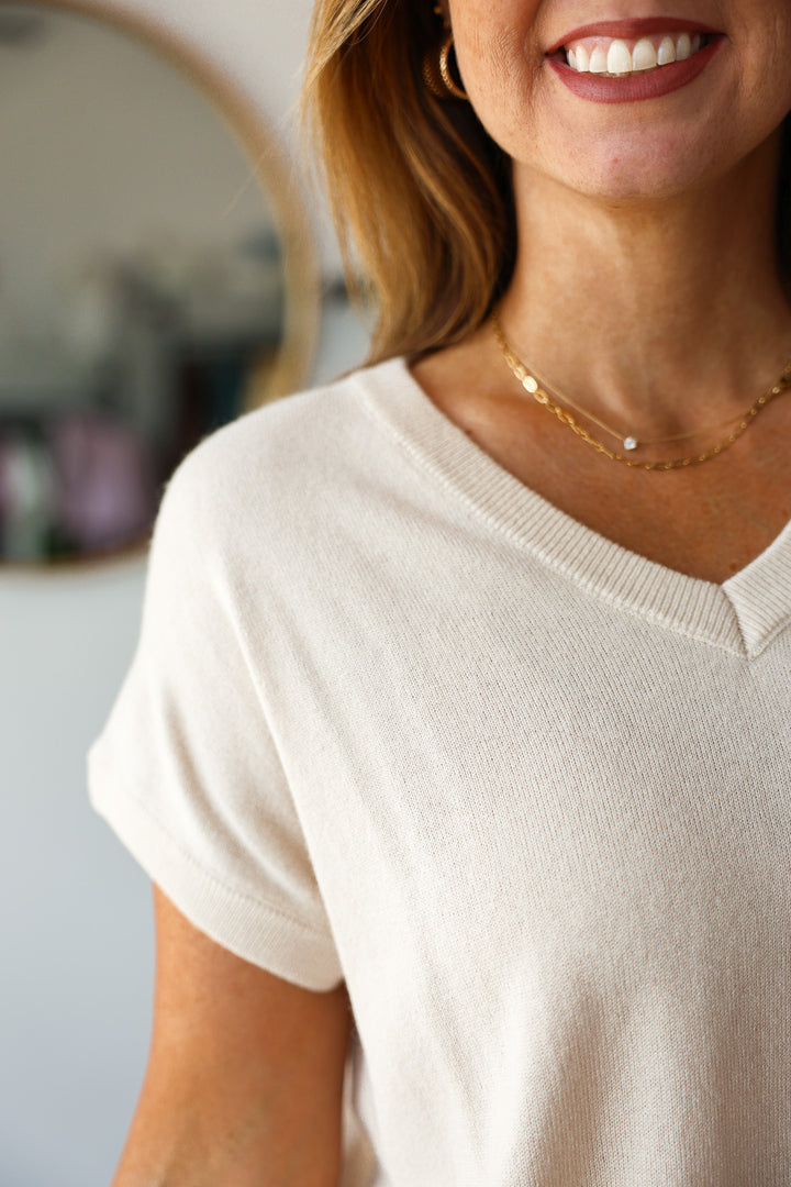 V Neck Knit Top - Beige