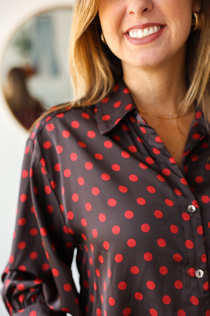 Polka Dot Button Down Top - Brown/Red