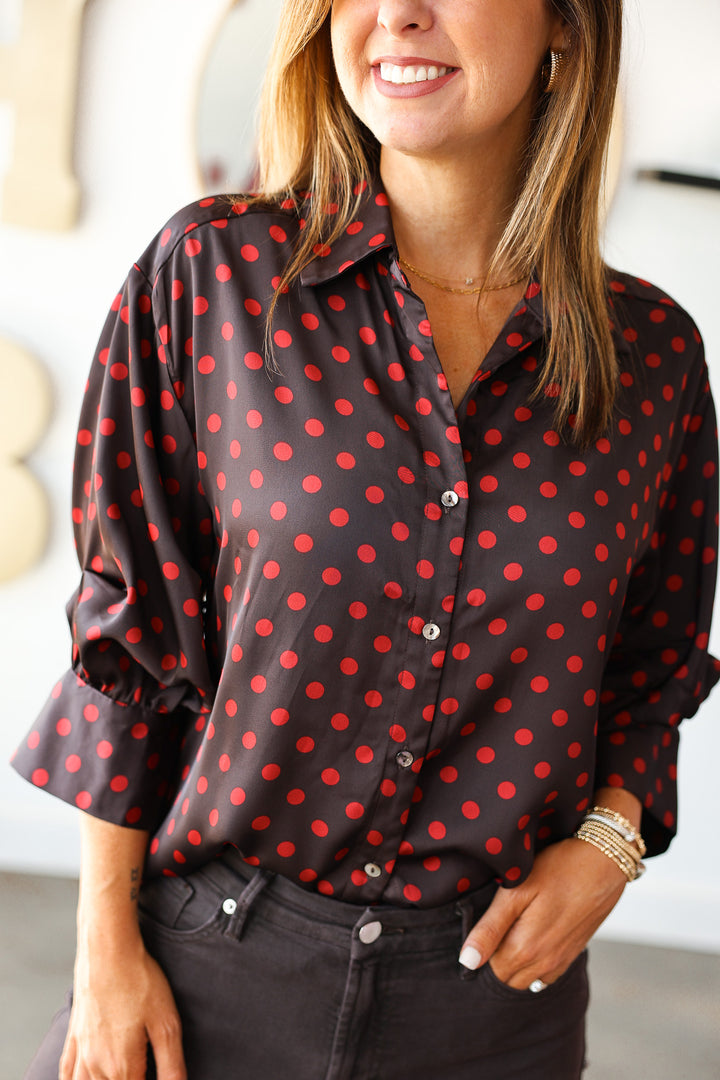 Polka Dot Button Down Top - Brown/Red