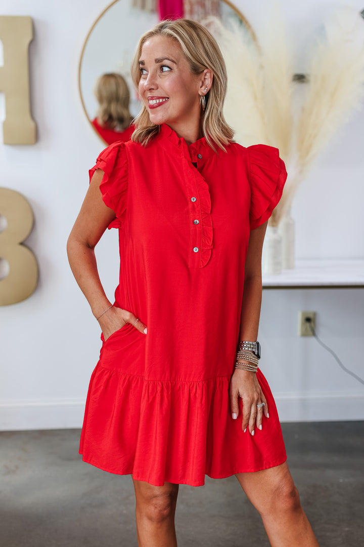 Button Front Dress - Red