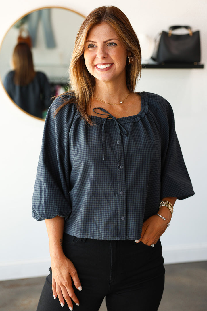 Gingham Button Front Top - Navy