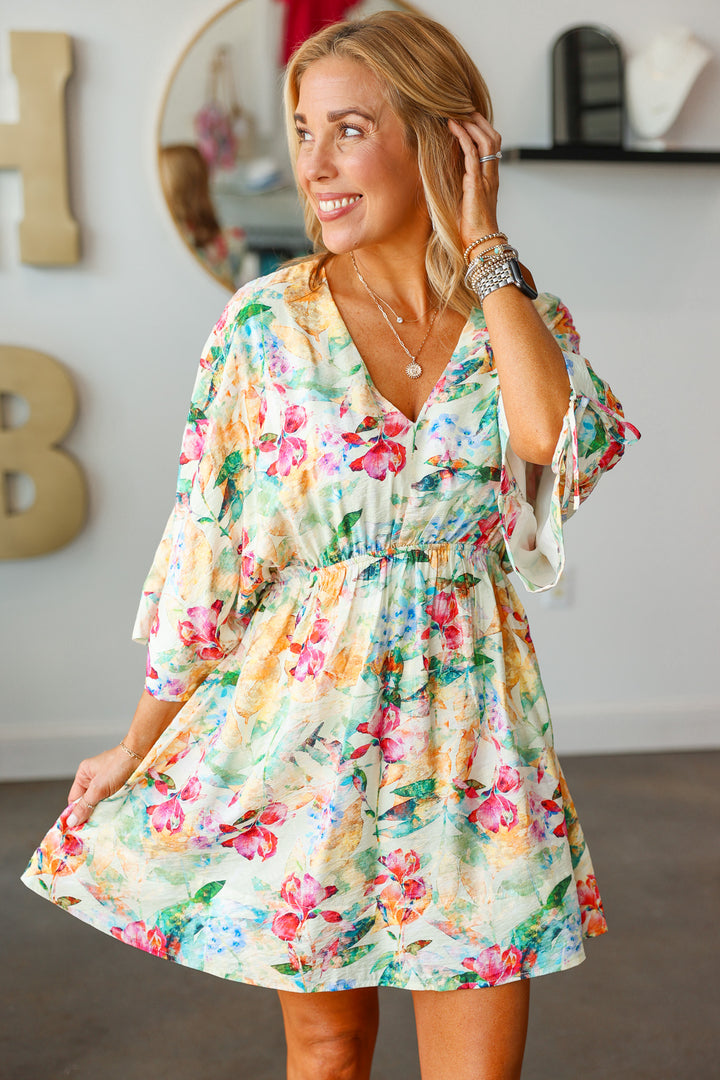 Ruched Sleeve Floral Dress