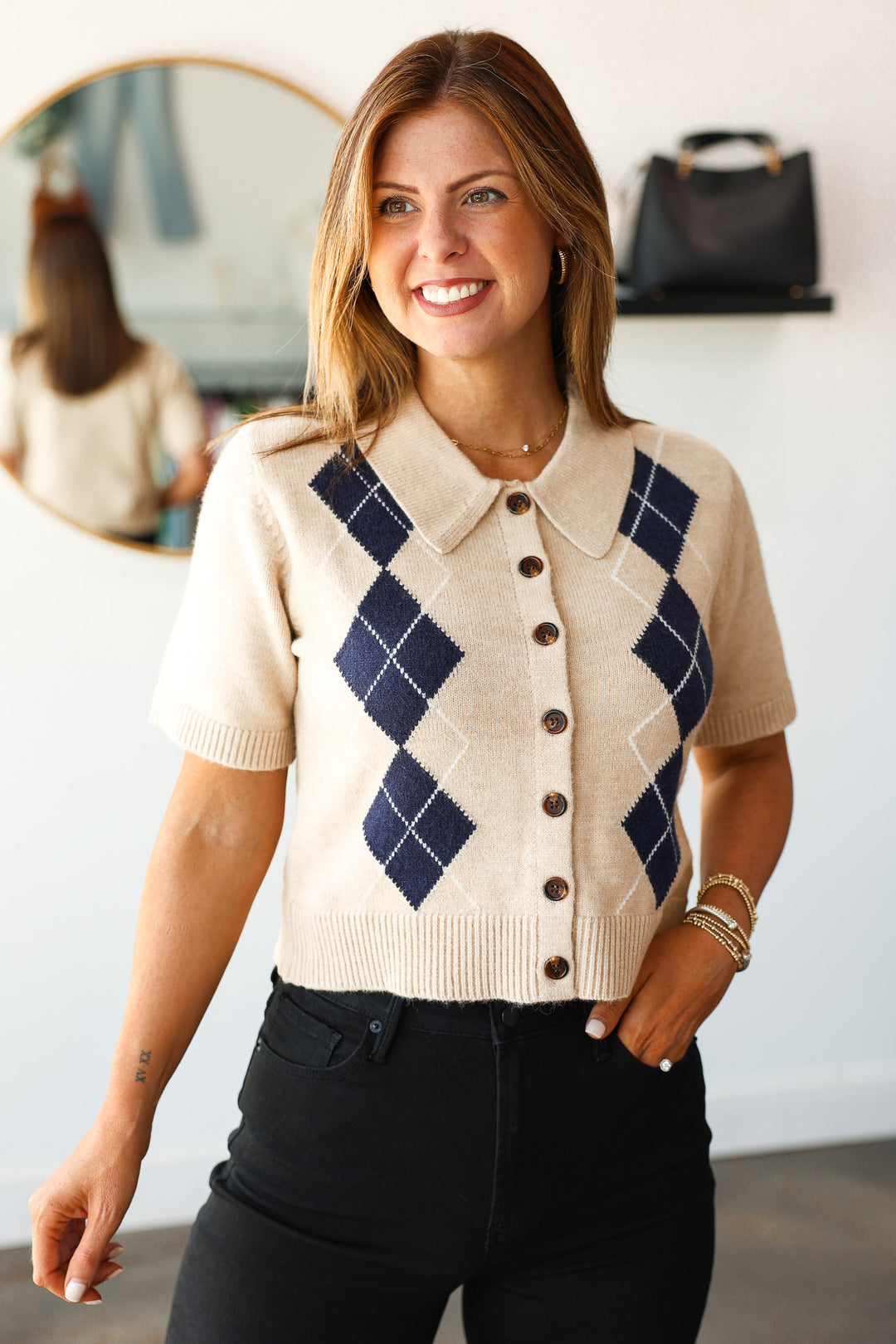 Button Front Argyle Sweater - Oatmeal