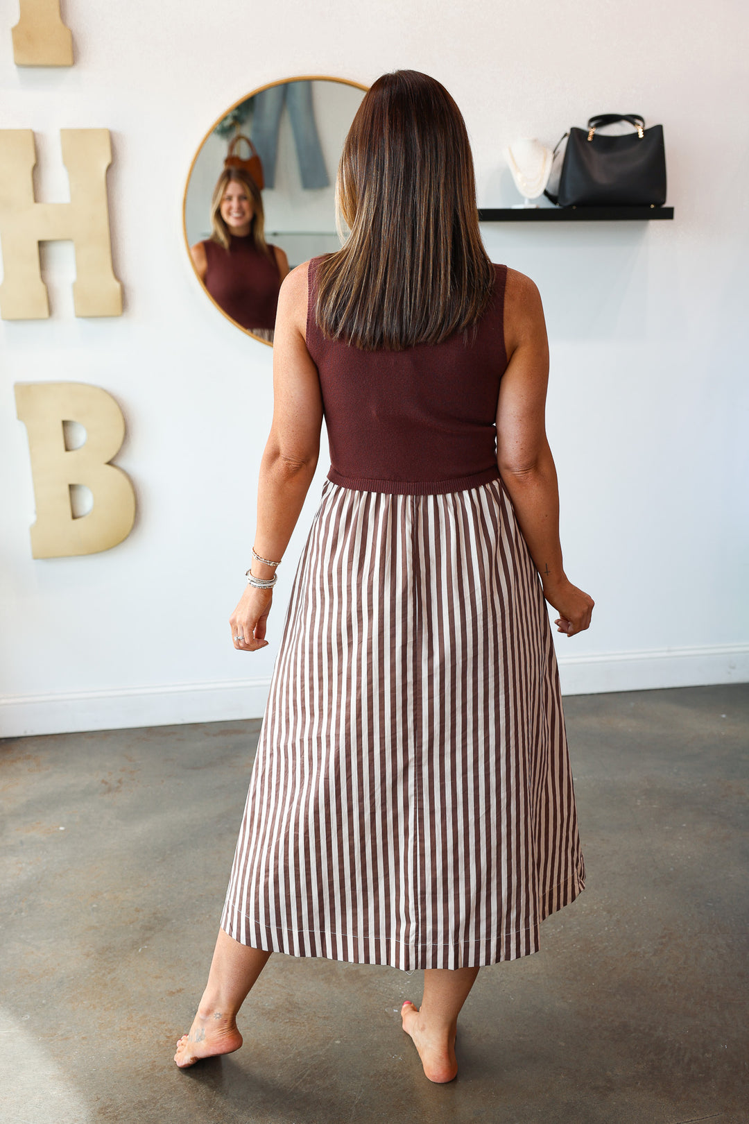 Mixed Media Striped Skirt Dress - Brown