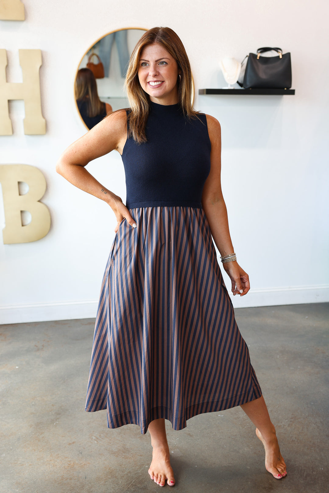 Mixed Media Striped Skirt Dress - Navy