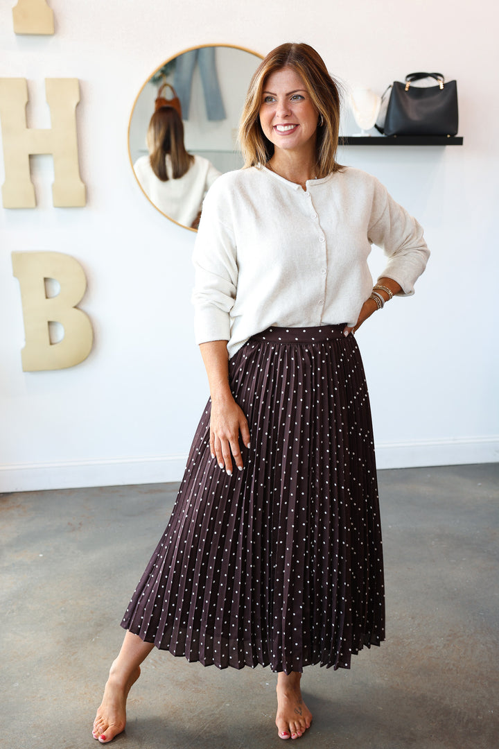 Pleated Polka Dot Midi Skirt - Brown