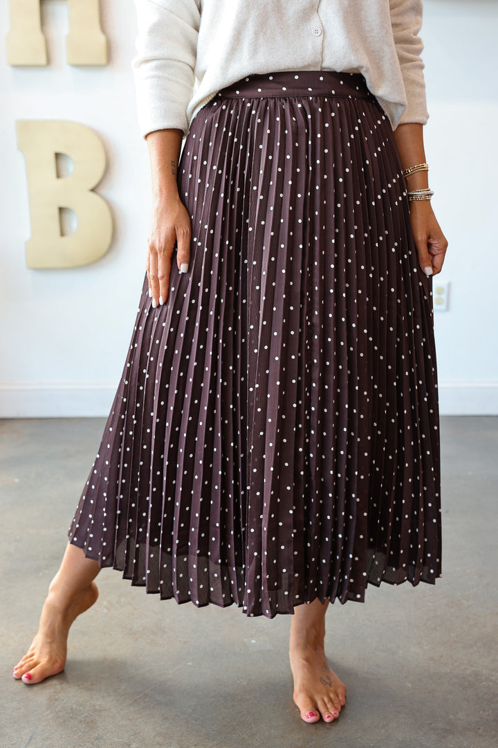 Pleated Polka Dot Midi Skirt - Brown