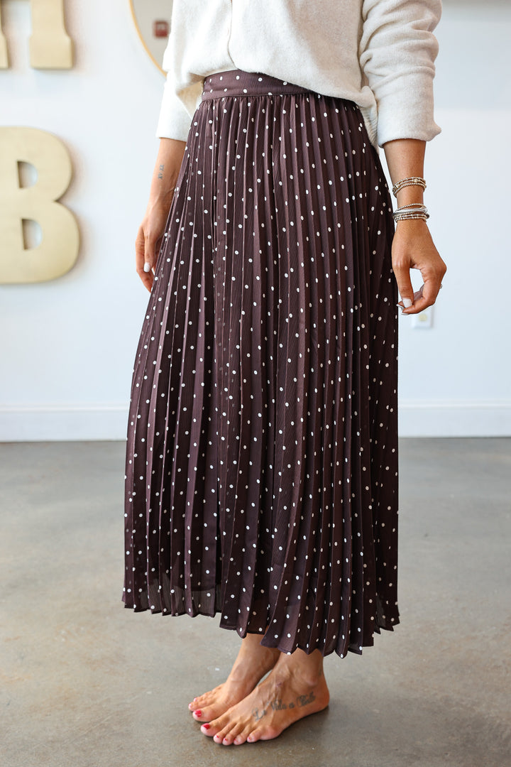 Pleated Polka Dot Midi Skirt - Brown