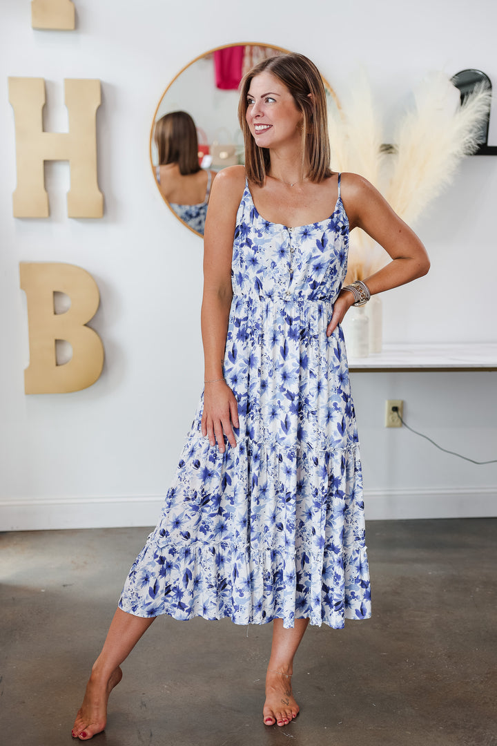 Floral Tiered Midi Dress - Blue