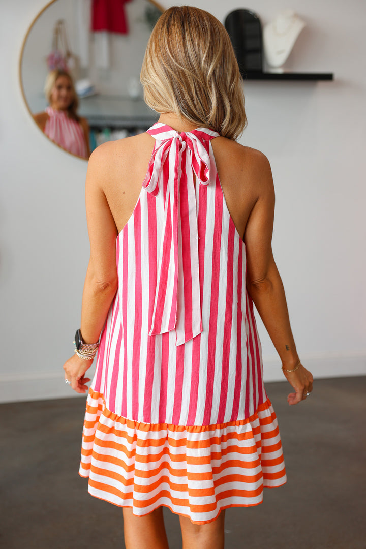 Striped Tie Back Dress - Pink