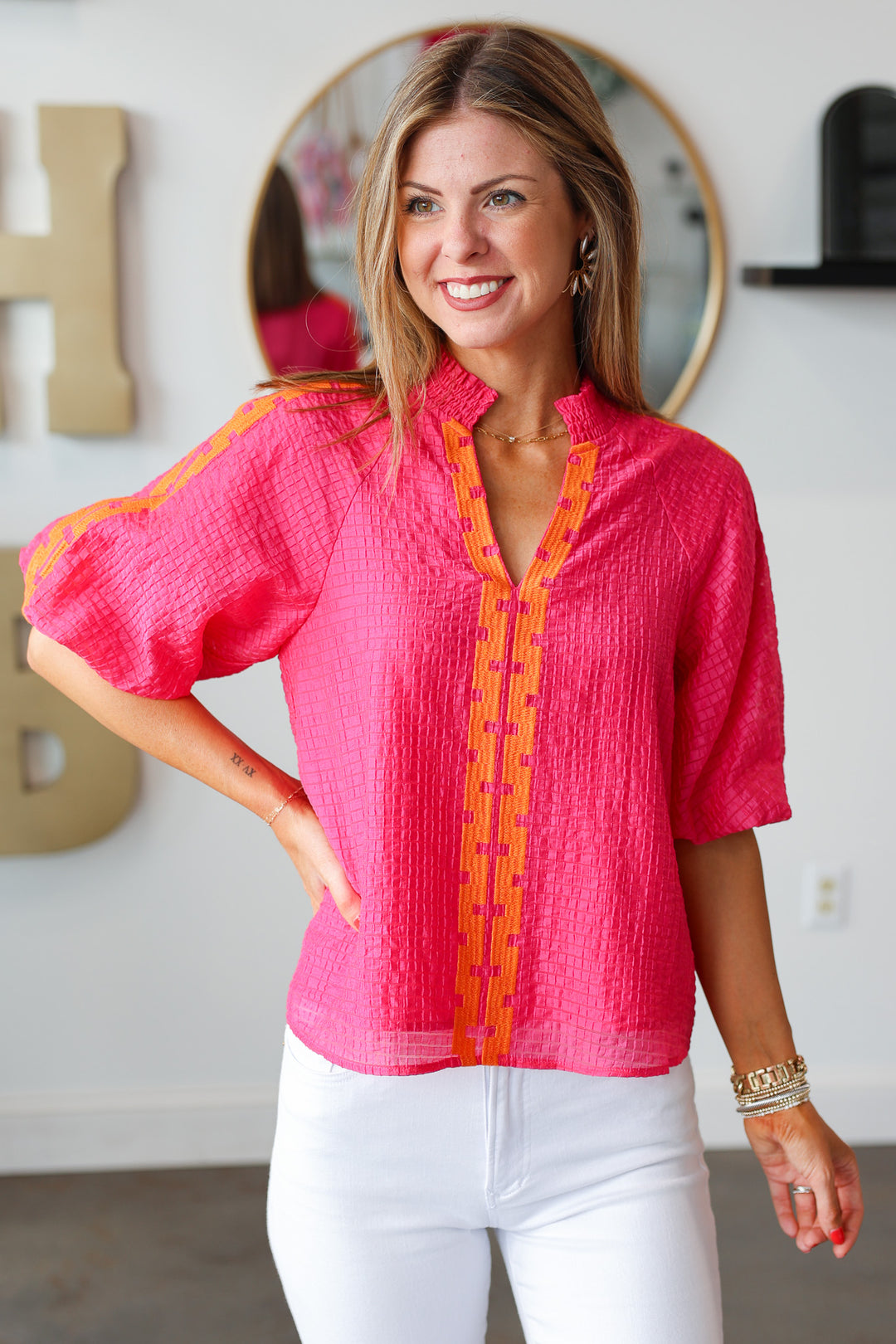 Puff Sleeve Textured Top - Pink/Orange