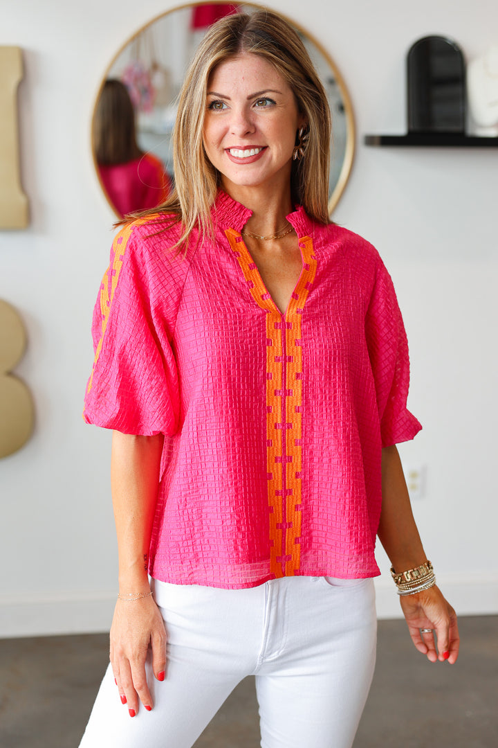 Puff Sleeve Textured Top - Pink/Orange
