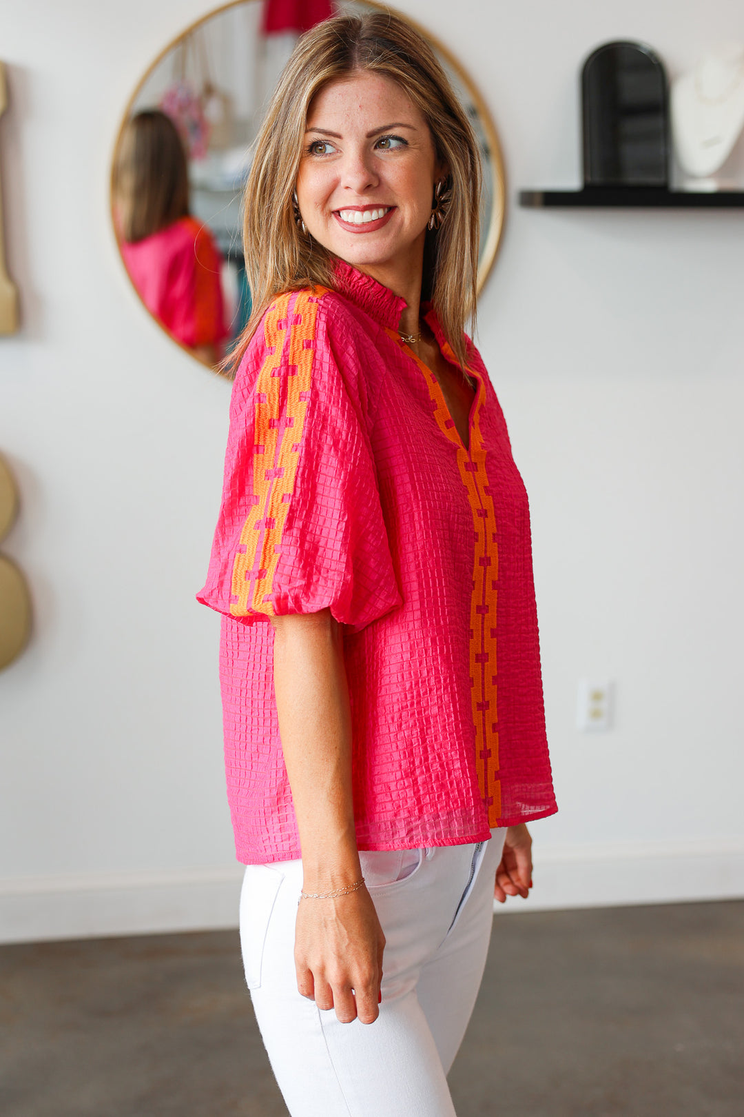 Puff Sleeve Textured Top - Pink/Orange