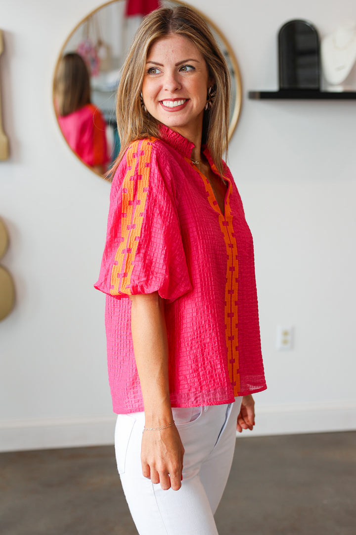 Puff Sleeve Textured Top - Pink/Orange