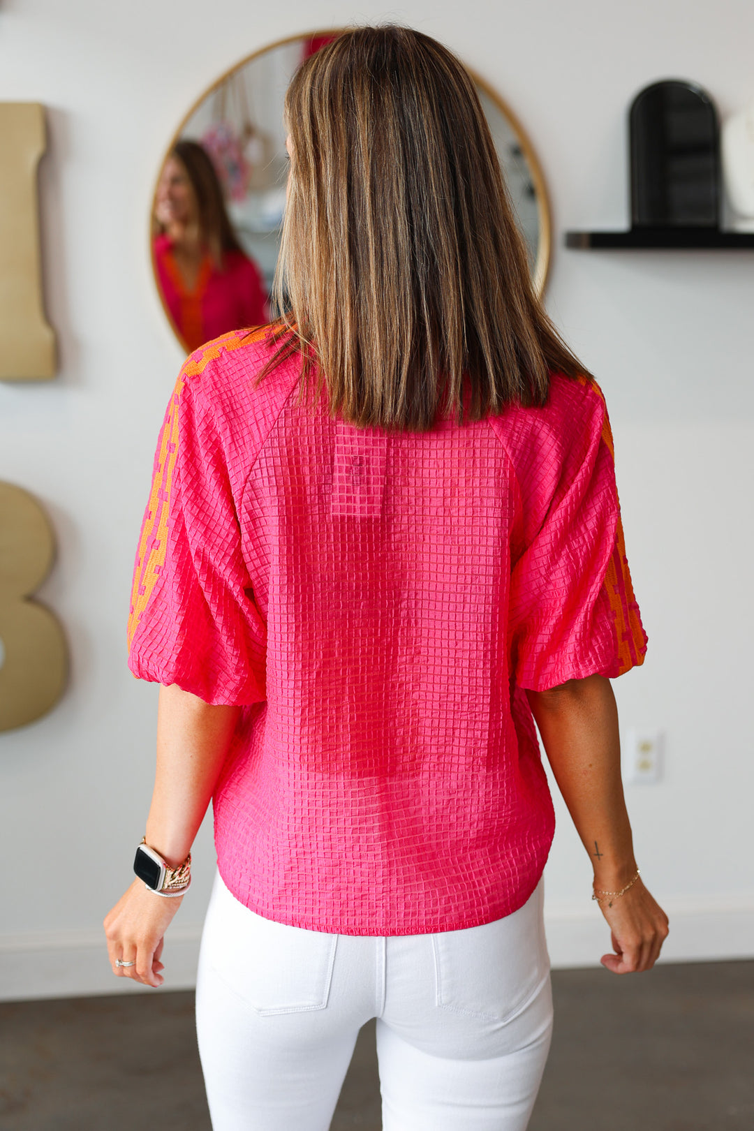 Puff Sleeve Textured Top - Pink/Orange