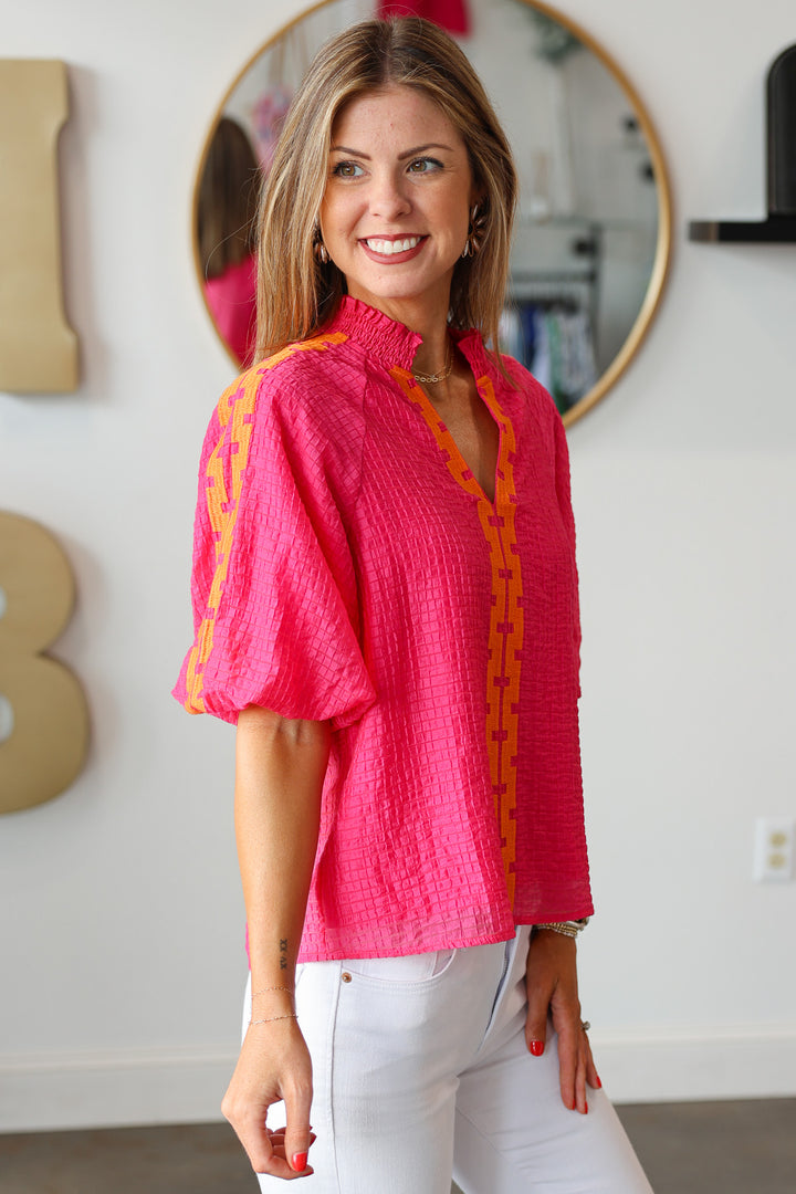 Puff Sleeve Textured Top - Pink/Orange