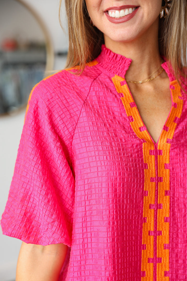 Puff Sleeve Textured Top - Pink/Orange