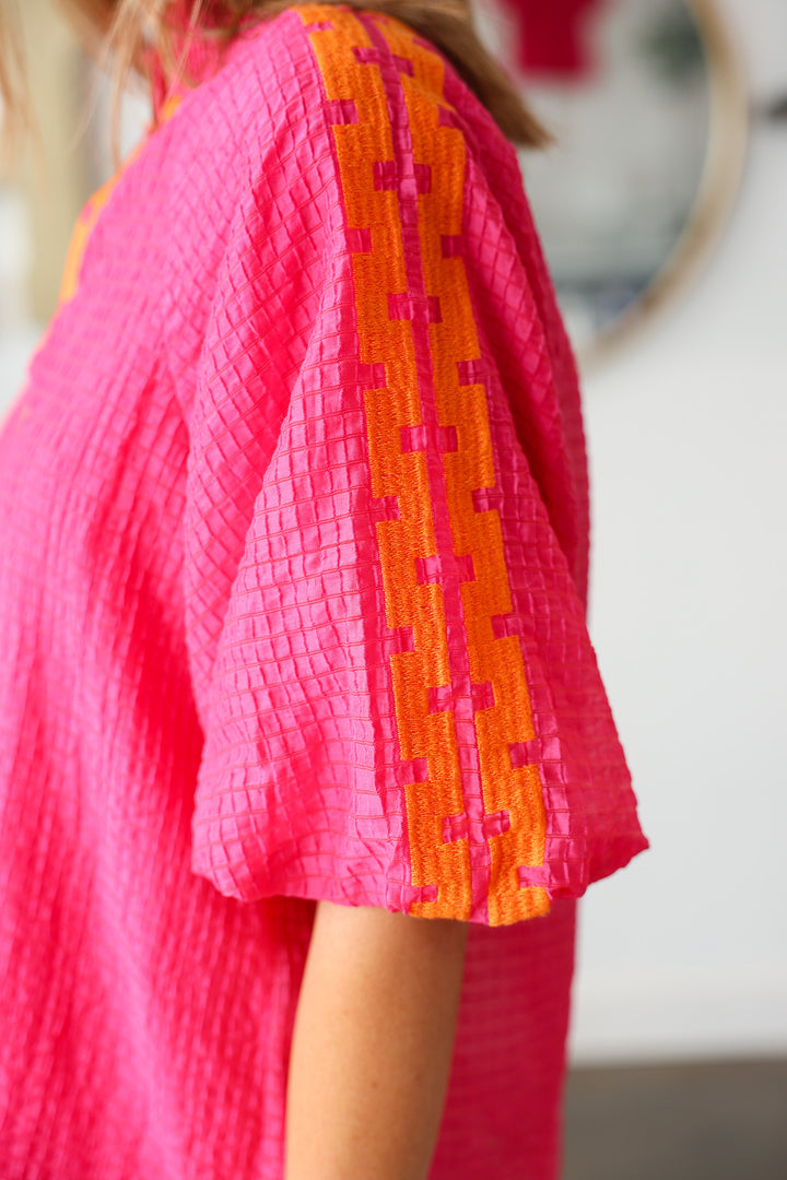 Puff Sleeve Textured Top - Pink/Orange