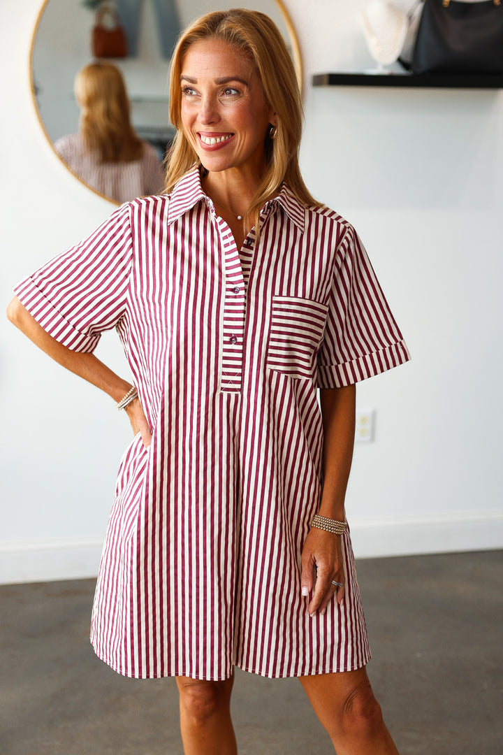 Striped Shirt Dress - Burgundy