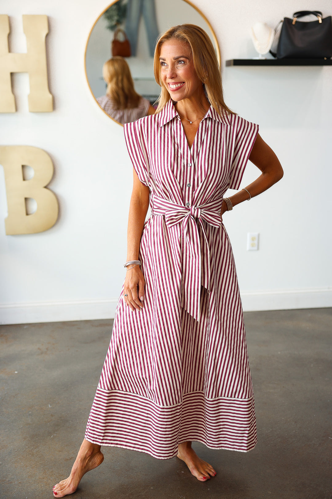 Front Tie Striped Dress - Burgundy