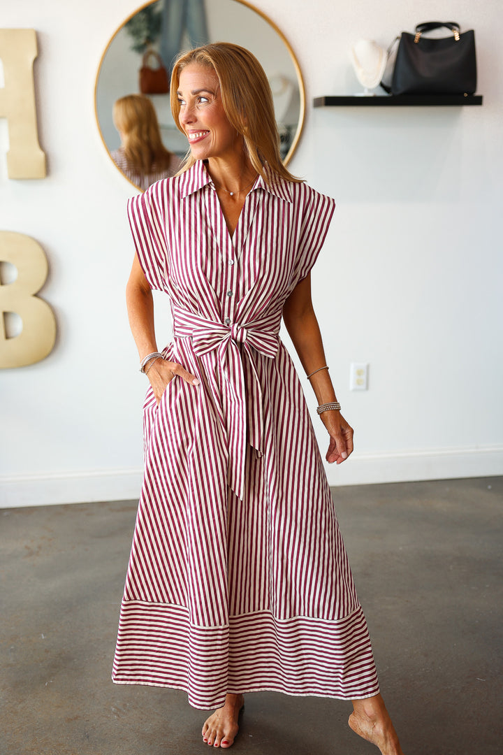 Front Tie Striped Dress - Burgundy