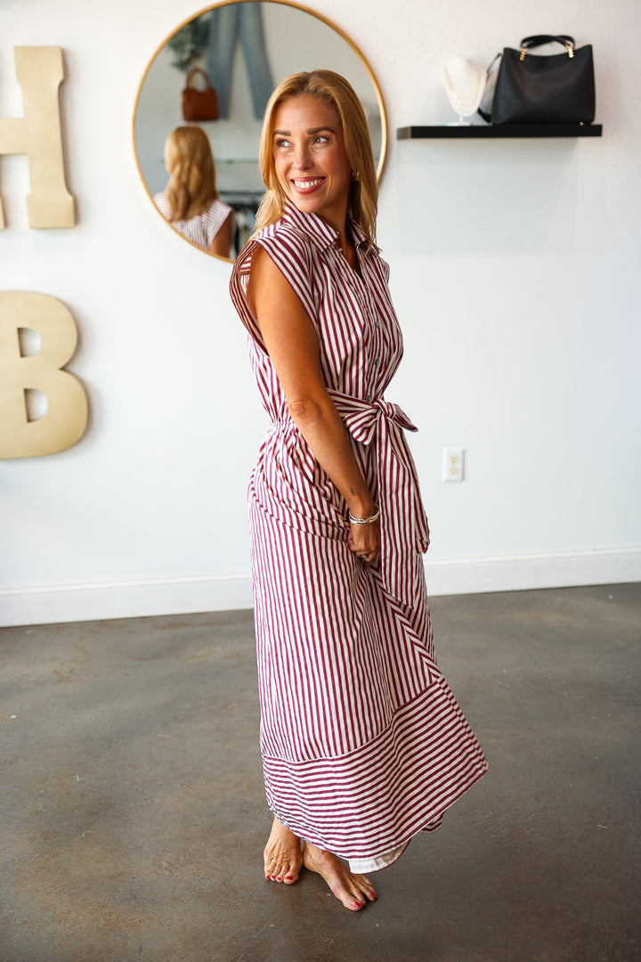 Front Tie Striped Dress - Burgundy